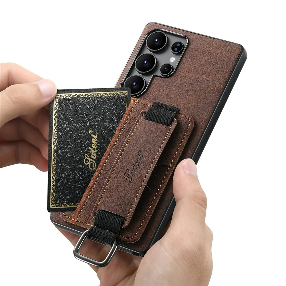 SUTENI H13 For Samsung Galaxy S25 Ultra Case Litchi Texture Leather + TPU + PC Cover with Card Holder Kickstand - Brown - 5
