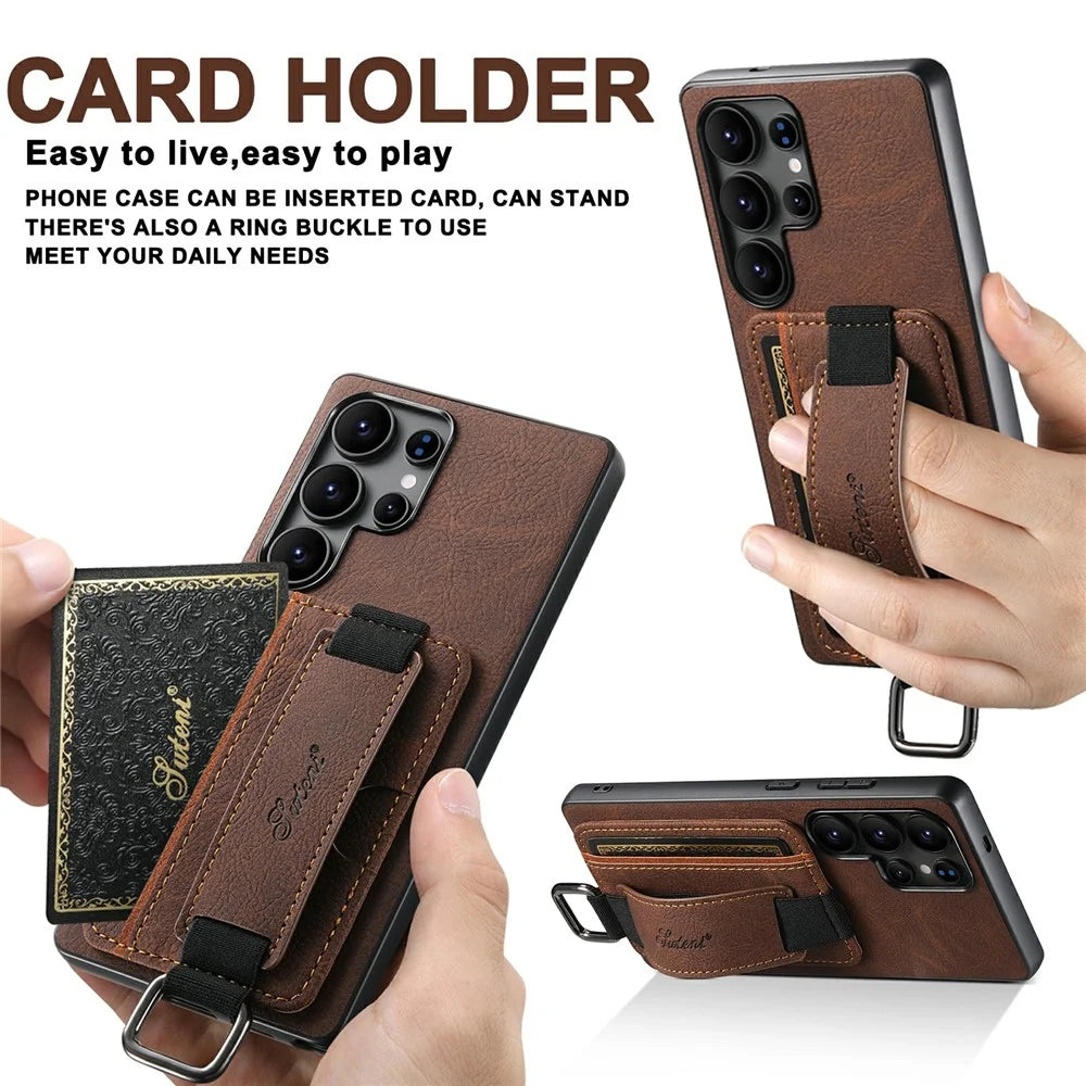 SUTENI H13 For Samsung Galaxy S25 Ultra Case Litchi Texture Leather + TPU + PC Cover with Card Holder Kickstand - Brown - 6