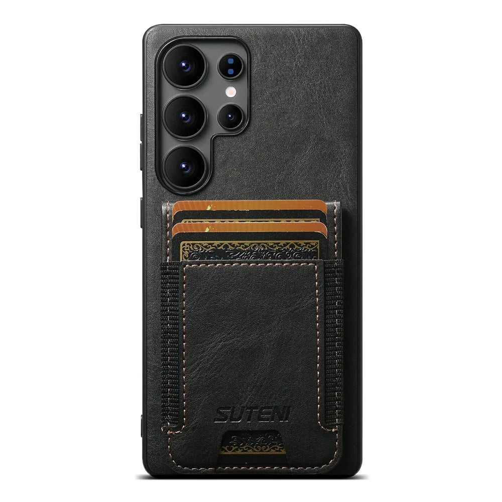 SUTENI H03 For Samsung Galaxy S25 Ultra Case Card Holder Waxy Texture Leather + TPU Phone Cover - Black - 1