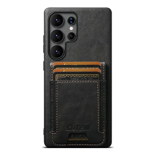 SUTENI H03 For Samsung Galaxy S25 Ultra Case Card Holder Waxy Texture Leather + TPU Phone Cover - Black - 1