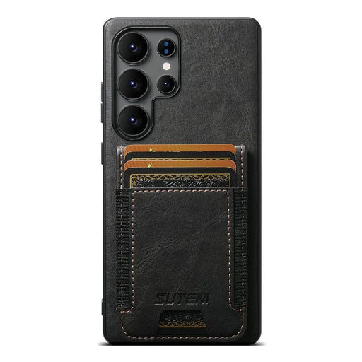 SUTENI H03 For Samsung Galaxy S25 Ultra Case Card Holder Waxy Texture Leather + TPU Phone Cover - Black - 1