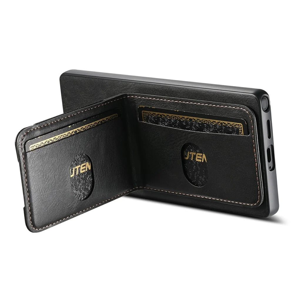 SUTENI H03 For Samsung Galaxy S25 Ultra Case Card Holder Waxy Texture Leather + TPU Phone Cover - Black - 4