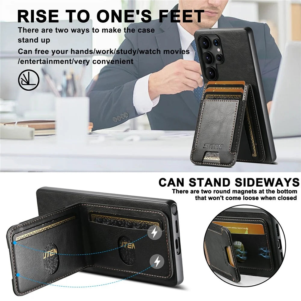 SUTENI H03 For Samsung Galaxy S25 Ultra Case Card Holder Waxy Texture Leather + TPU Phone Cover - Black - 5