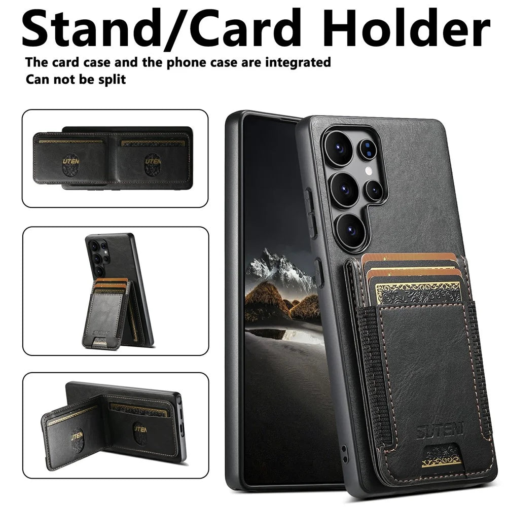 SUTENI H03 For Samsung Galaxy S25 Ultra Case Card Holder Waxy Texture Leather + TPU Phone Cover - Black - 7