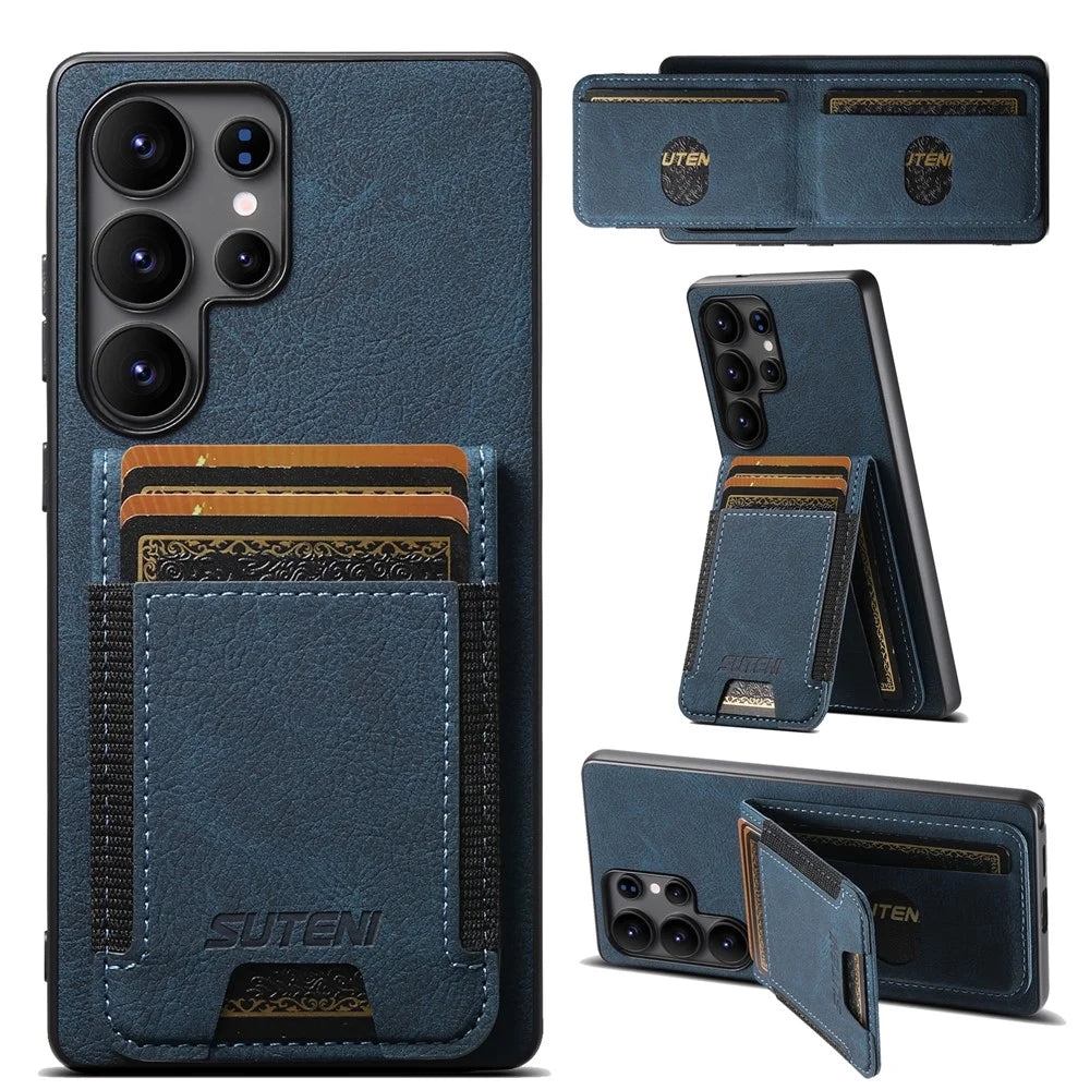 SUTENI H03 For Samsung Galaxy S25 Ultra Case Card Holder Kickstand Litchi Texture Leather + TPU Phone Cover - Blue - 1