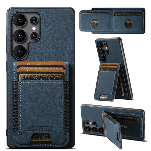 SUTENI H03 For Samsung Galaxy S25 Ultra Case Card Holder Kickstand Litchi Texture Leather + TPU Phone Cover - Blue - 1