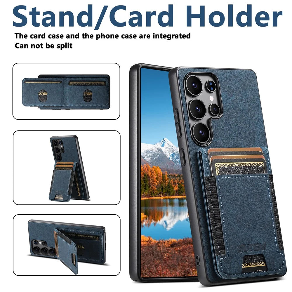 SUTENI H03 For Samsung Galaxy S25 Ultra Case Card Holder Kickstand Litchi Texture Leather + TPU Phone Cover - Blue - 6