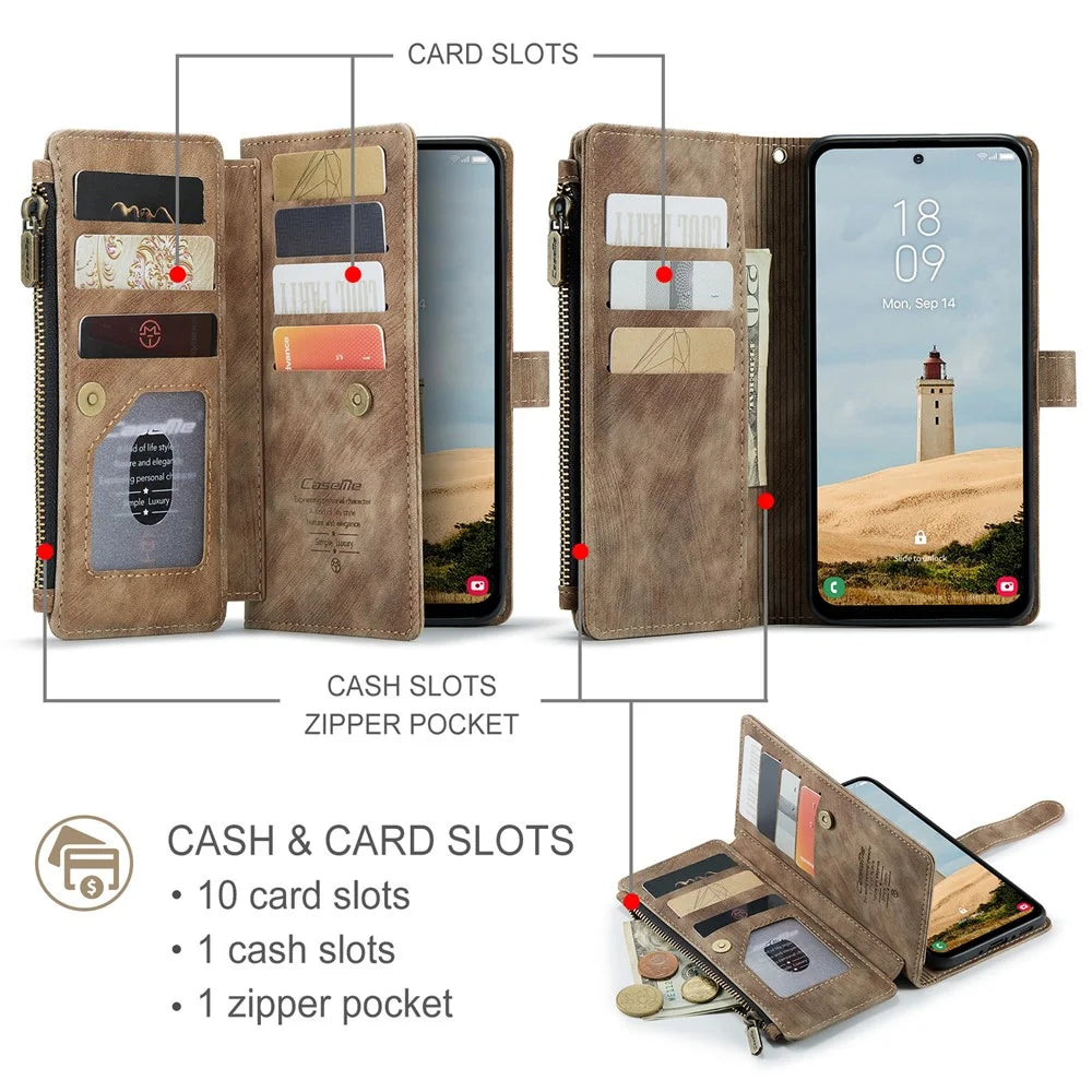 CASEME For Samsung Galaxy A56 5G Phone Cases with Strap  C30 Zipper Multiple Card Holder PU Leather Cover - Brown - 3