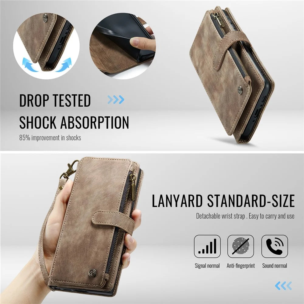 CASEME For Samsung Galaxy A56 5G Phone Cases with Strap  C30 Zipper Multiple Card Holder PU Leather Cover - Brown - 5