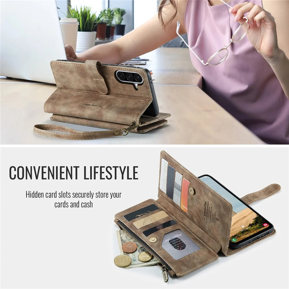CASEME For Samsung Galaxy A56 5G Phone Cases with Strap  C30 Zipper Multiple Card Holder PU Leather Cover - Brown - 6