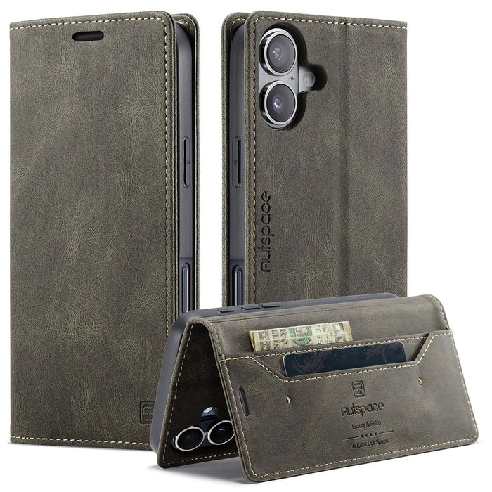 AUTSPACE For iPhone 16 Plus Wallet Case  A01 Leather Stand Cover with RFID Blocking Card Holder - Coffee - 1