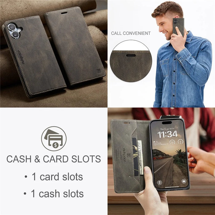 AUTSPACE For iPhone 16 Plus Wallet Case  A01 Leather Stand Cover with RFID Blocking Card Holder - Coffee - 5