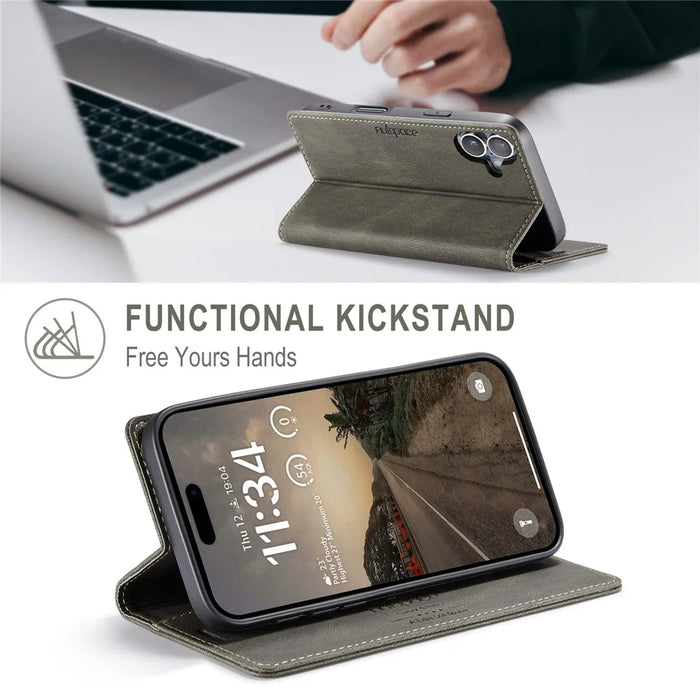 AUTSPACE For iPhone 16 Plus Wallet Case  A01 Leather Stand Cover with RFID Blocking Card Holder - Coffee - 7