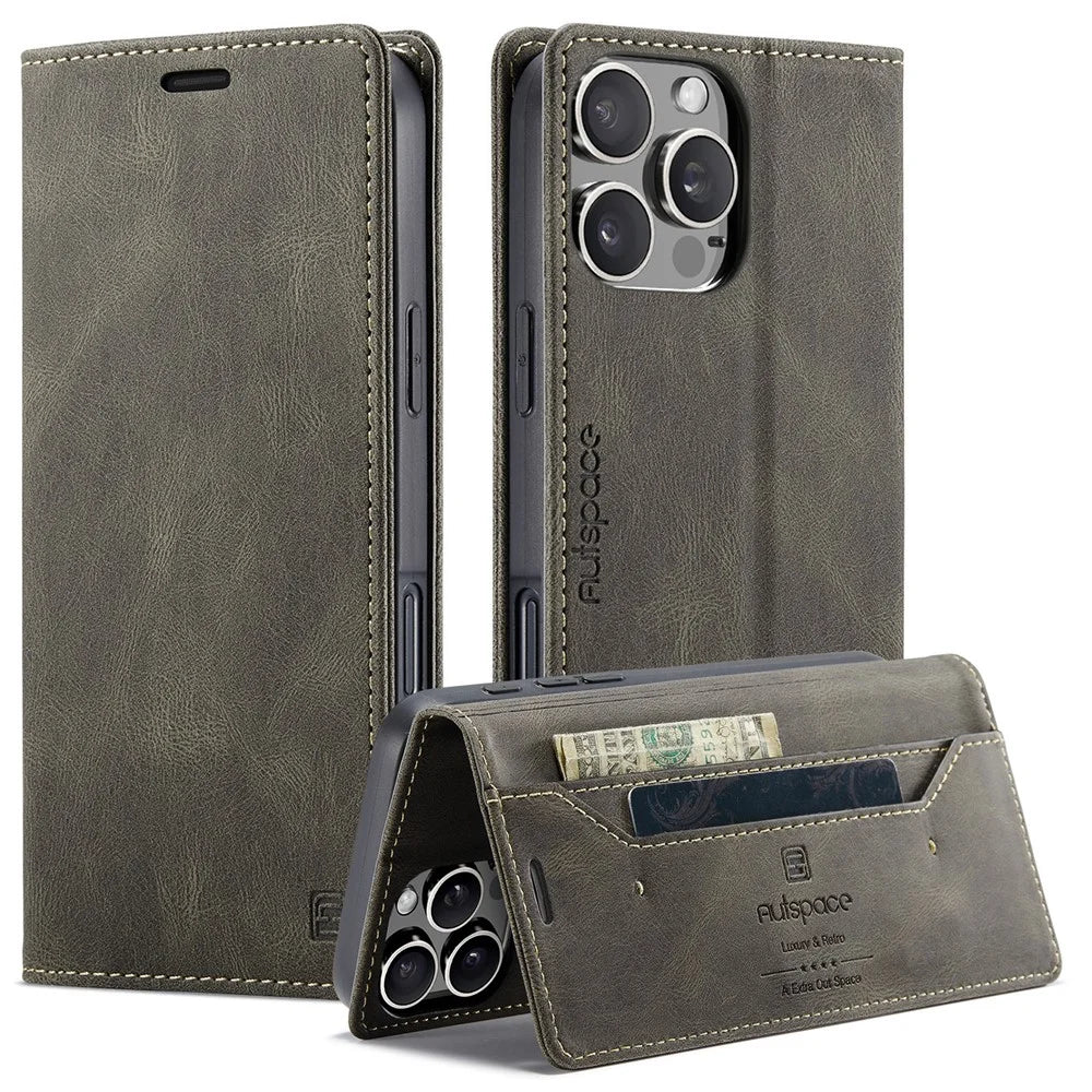 AUTSPACE For iPhone 16 Pro Wallet Case  A01 Leather Stand Cover with RFID Blocking Card Holder - Coffee - 1