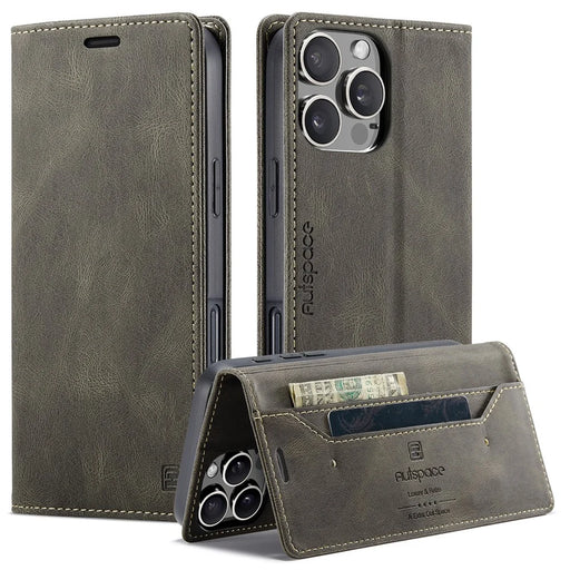 AUTSPACE For iPhone 16 Pro Wallet Case  A01 Leather Stand Cover with RFID Blocking Card Holder - Coffee - 1