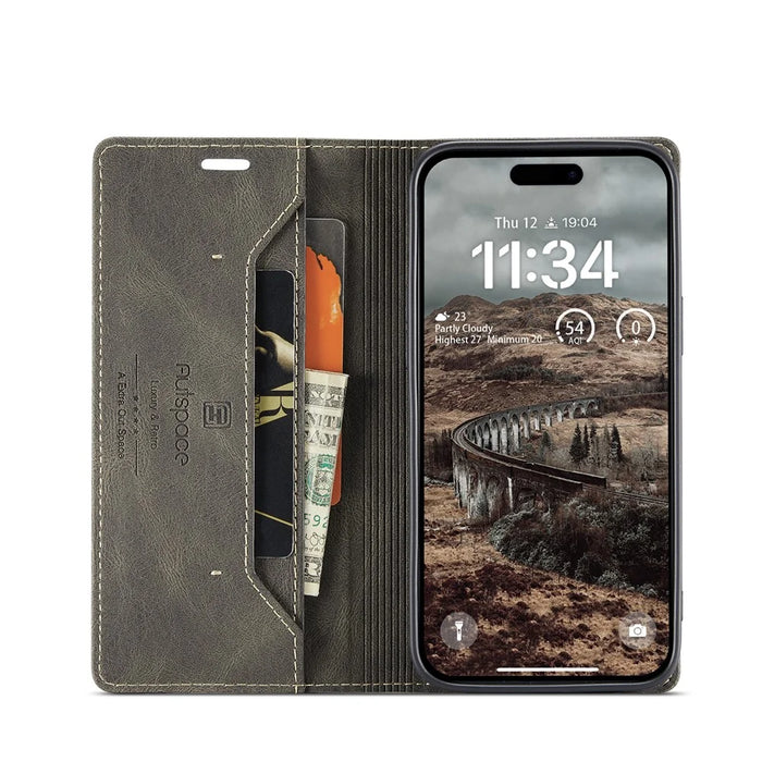 AUTSPACE For iPhone 16 Pro Wallet Case  A01 Leather Stand Cover with RFID Blocking Card Holder - Coffee - 3