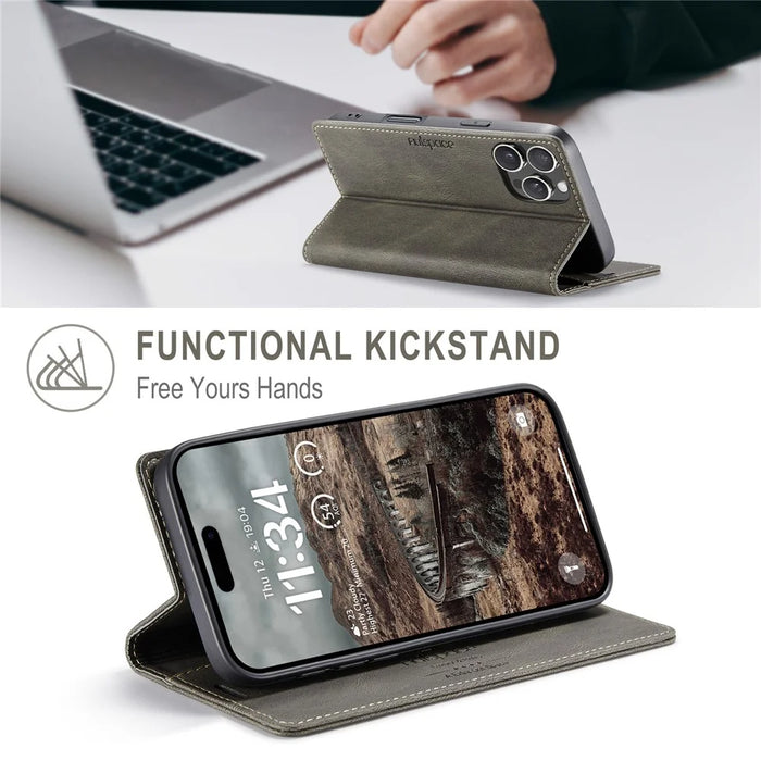 AUTSPACE For iPhone 16 Pro Wallet Case  A01 Leather Stand Cover with RFID Blocking Card Holder - Coffee - 7