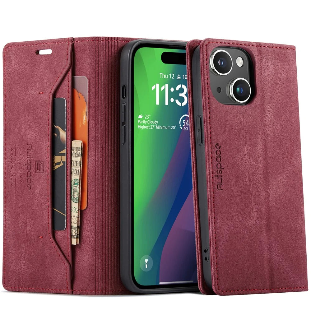 AUTSPACE For iPhone 15 Plus Wallet Case  A01 Leather Stand Cover with RFID Blocking Card Holder - Red - 1