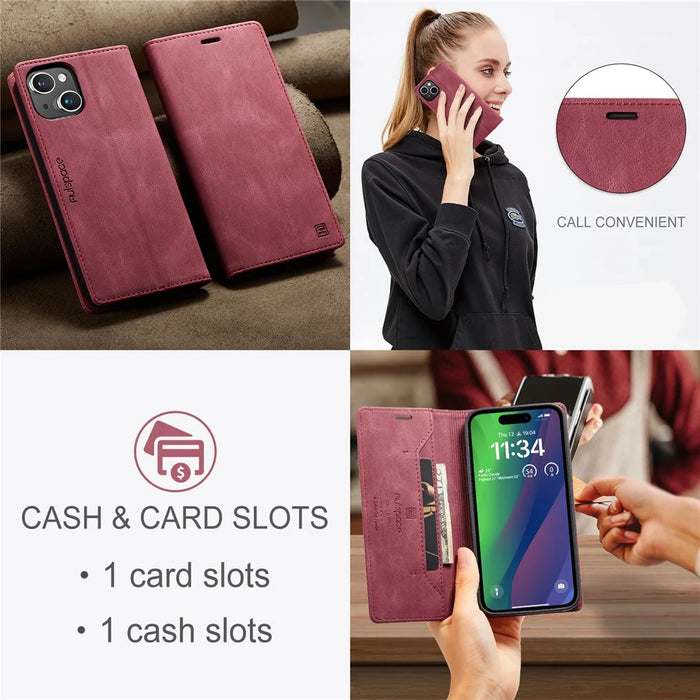 AUTSPACE For iPhone 15 Plus Wallet Case  A01 Leather Stand Cover with RFID Blocking Card Holder - Red - 5