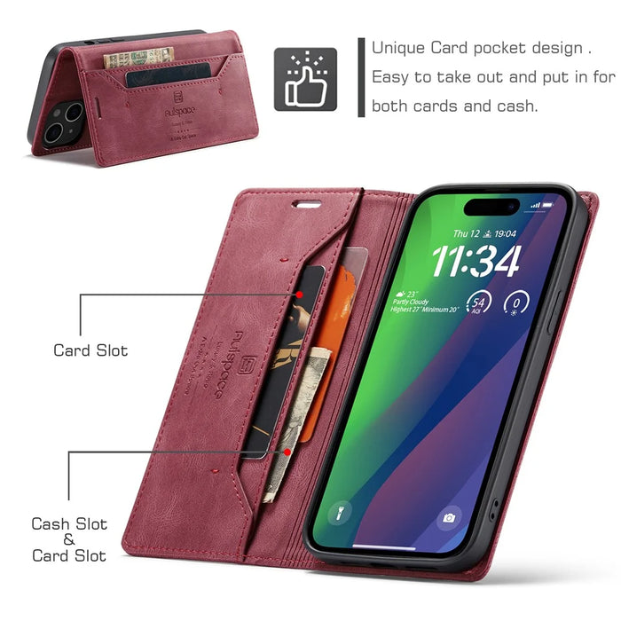 AUTSPACE For iPhone 15 Plus Wallet Case  A01 Leather Stand Cover with RFID Blocking Card Holder - Red - 6