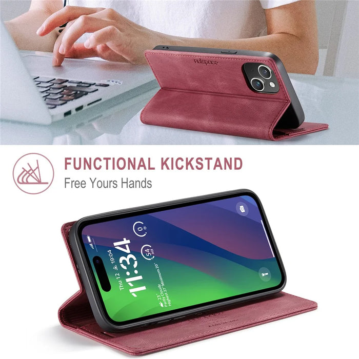 AUTSPACE For iPhone 15 Plus Wallet Case  A01 Leather Stand Cover with RFID Blocking Card Holder - Red - 7
