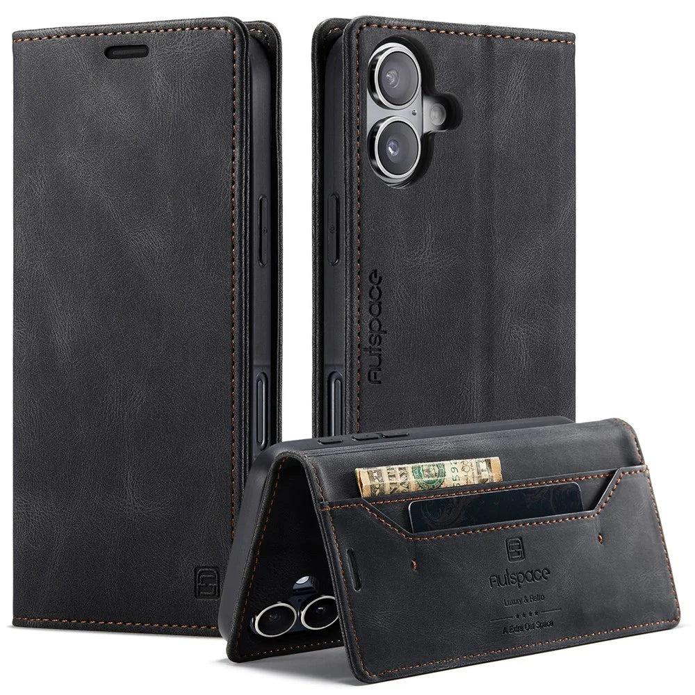 AUTSPACE For iPhone 16 Wallet Case  A01 Leather Stand Cover with RFID Blocking Card Holder - Black - 1
