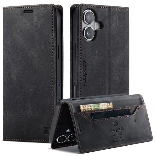 AUTSPACE For iPhone 16 Wallet Case  A01 Leather Stand Cover with RFID Blocking Card Holder - Black - 1