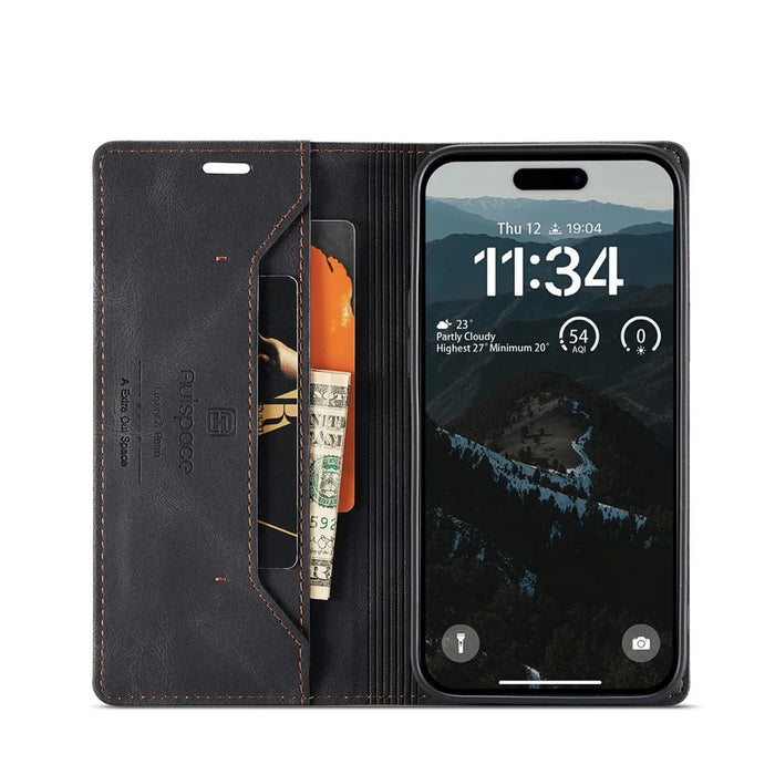 AUTSPACE For iPhone 16 Wallet Case  A01 Leather Stand Cover with RFID Blocking Card Holder - Black - 3