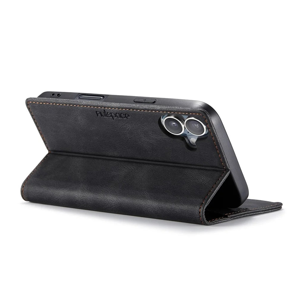 AUTSPACE For iPhone 16 Wallet Case  A01 Leather Stand Cover with RFID Blocking Card Holder - Black - 4