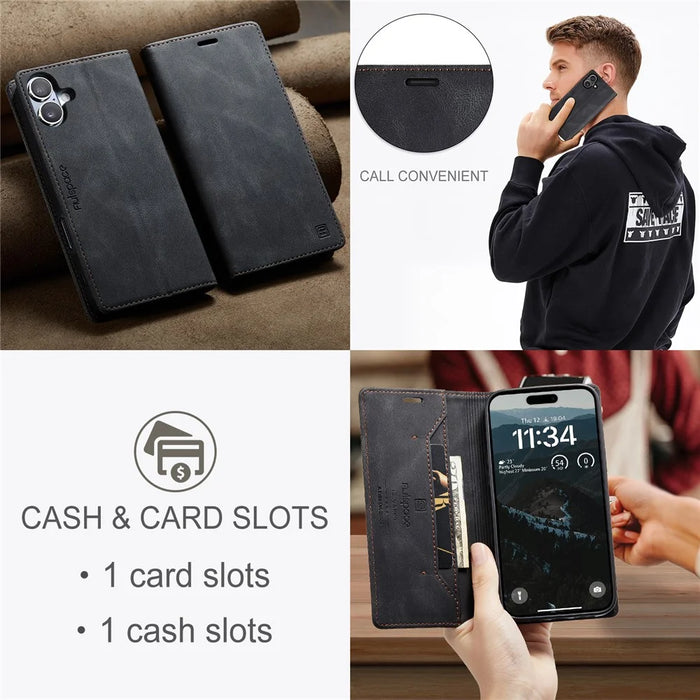 AUTSPACE For iPhone 16 Wallet Case  A01 Leather Stand Cover with RFID Blocking Card Holder - Black - 5