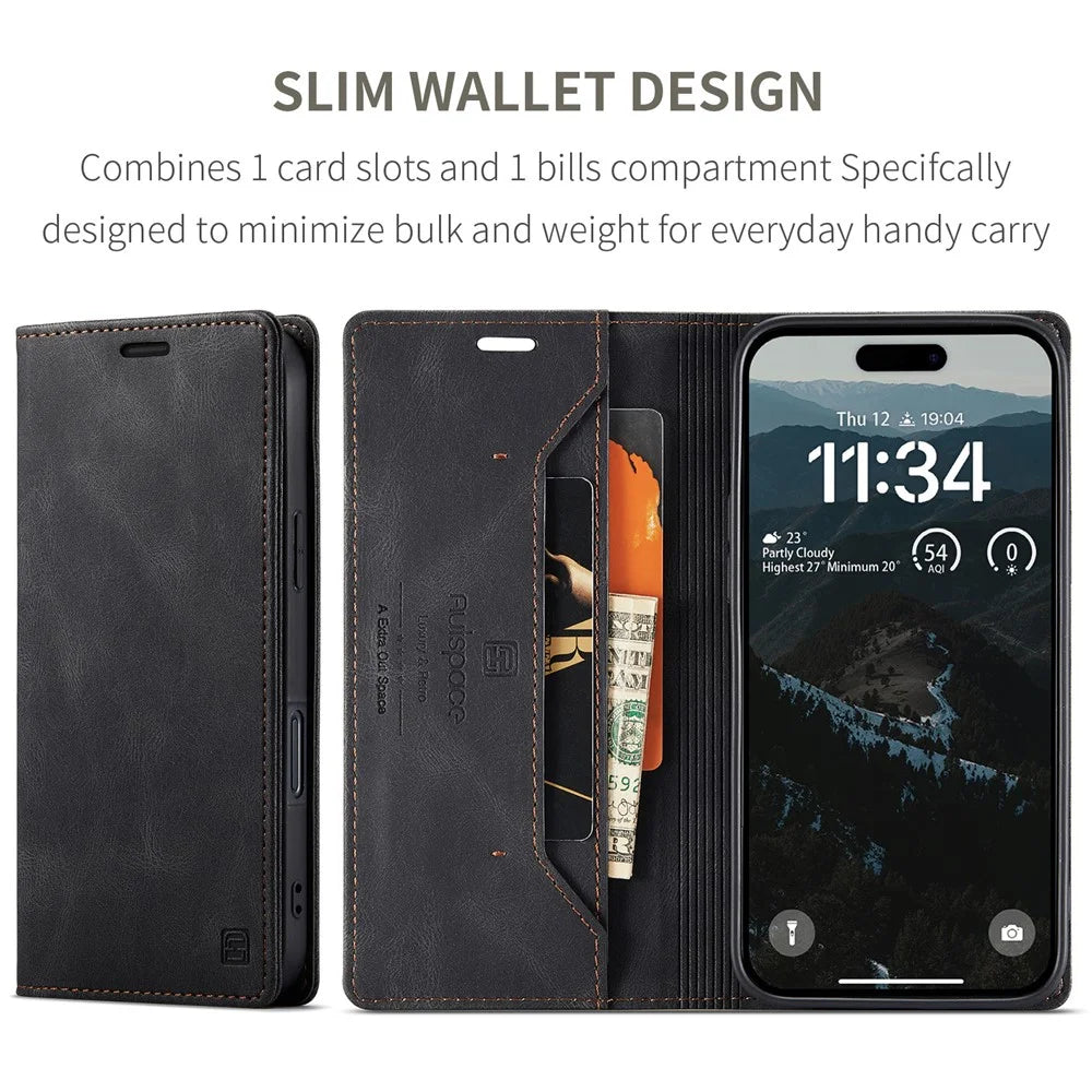 AUTSPACE For iPhone 16 Wallet Case  A01 Leather Stand Cover with RFID Blocking Card Holder - Black - 6