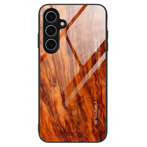 For Samsung Galaxy A26 5G Case TPU+Tempered Glass Back Phone Cover Wood Texture - Orange - 1