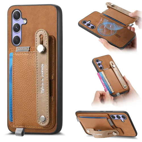 For Samsung Galaxy A16 4G / Galaxy A16 5G Magnetic Leather Back Case with Detachable Card Holder and Wristband - Brown - 1