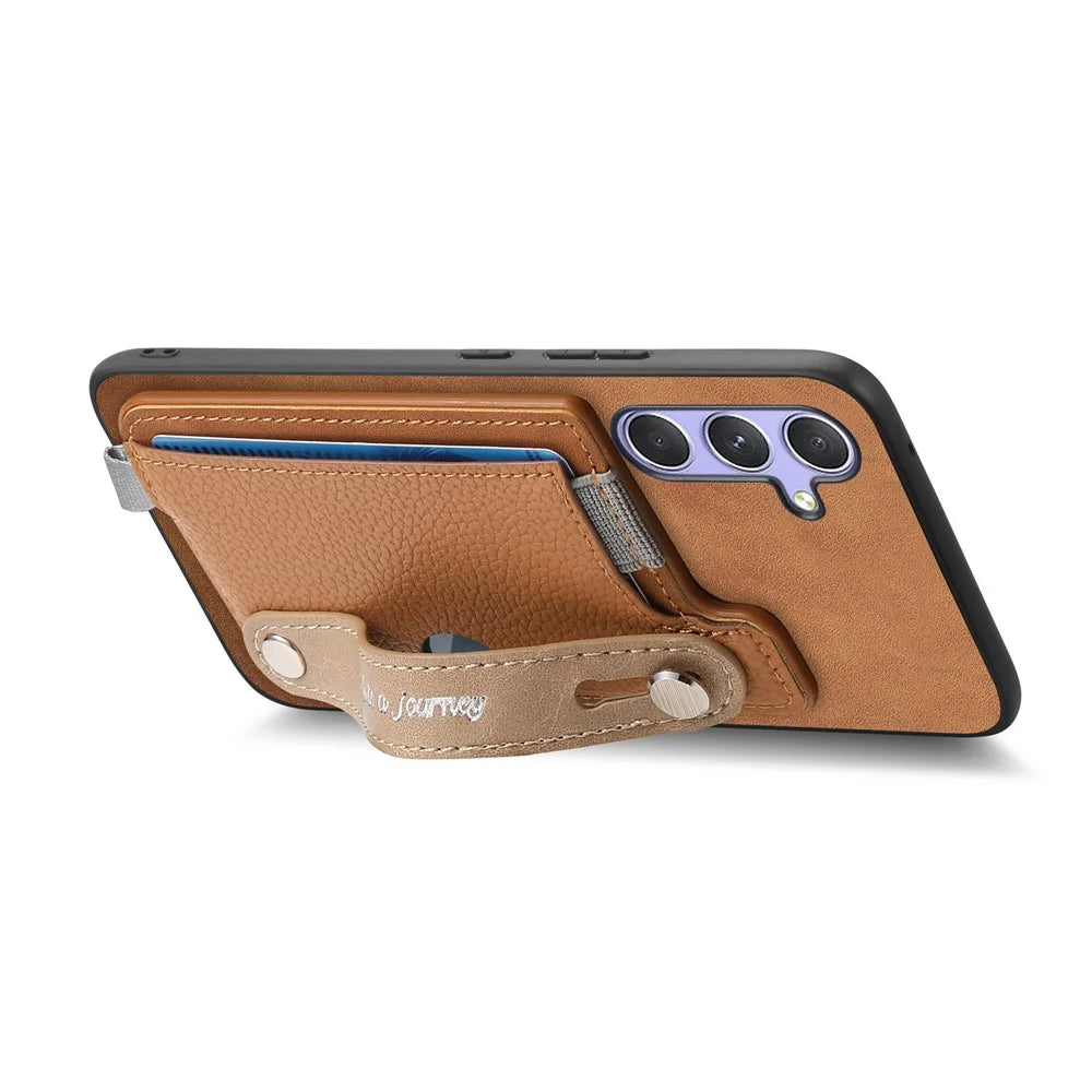 For Samsung Galaxy A16 4G / Galaxy A16 5G Magnetic Leather Back Case with Detachable Card Holder and Wristband - Brown - 2