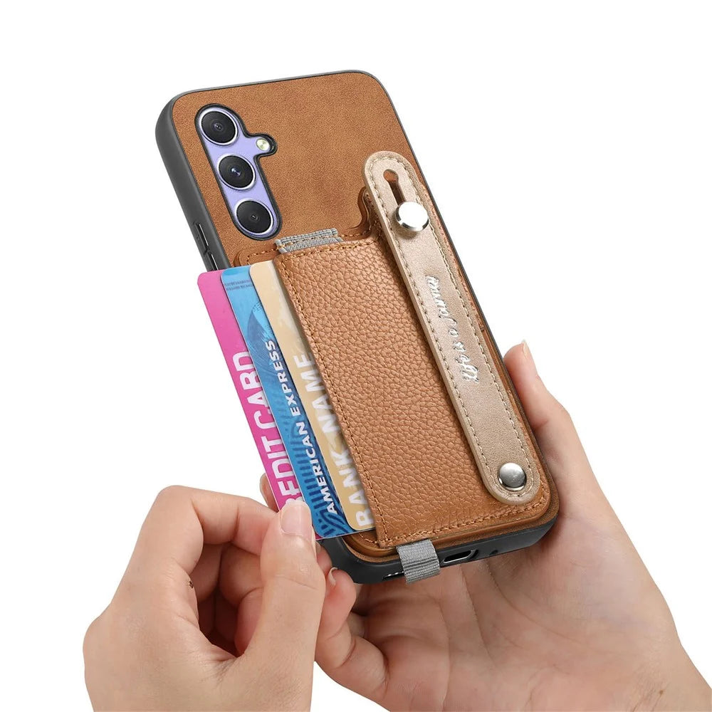 For Samsung Galaxy A16 4G / Galaxy A16 5G Magnetic Leather Back Case with Detachable Card Holder and Wristband - Brown - 3