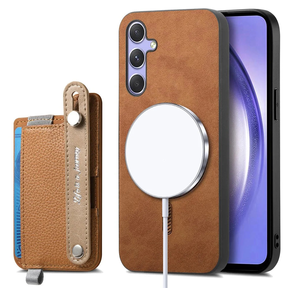 For Samsung Galaxy A16 4G / Galaxy A16 5G Magnetic Leather Back Case with Detachable Card Holder and Wristband - Brown - 4