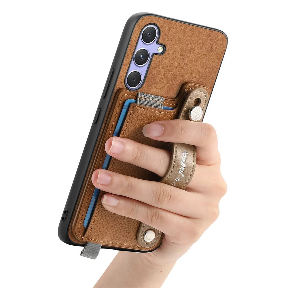 For Samsung Galaxy A16 4G / Galaxy A16 5G Magnetic Leather Back Case with Detachable Card Holder and Wristband - Brown - 5