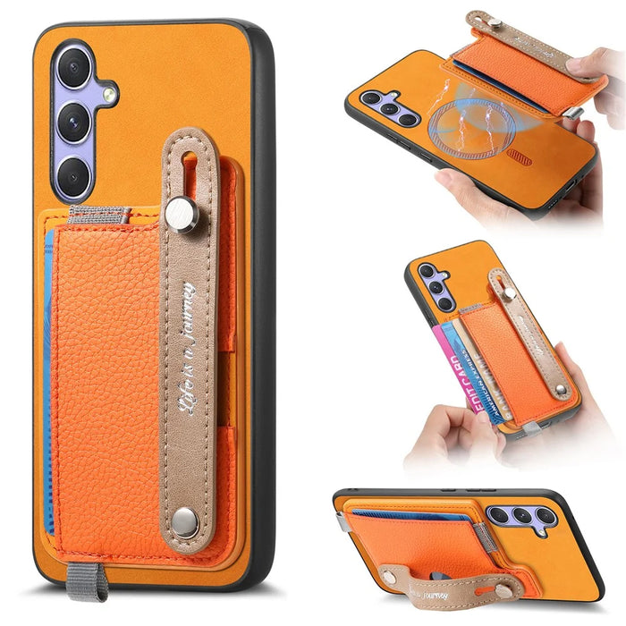 For Samsung Galaxy A36 5G Magnetic Leather Back Case with Detachable Card Holder and Wristband - Orange - 1