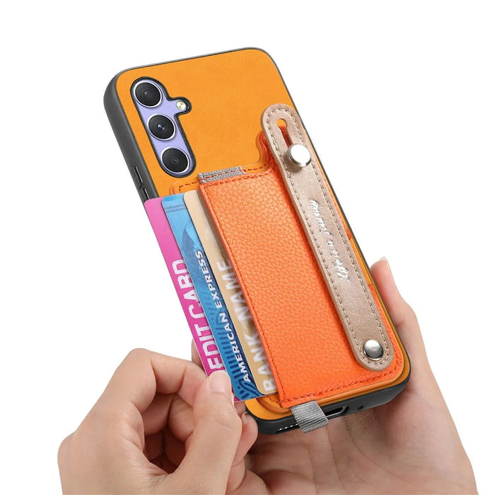For Samsung Galaxy A36 5G Magnetic Leather Back Case with Detachable Card Holder and Wristband - Orange - 3