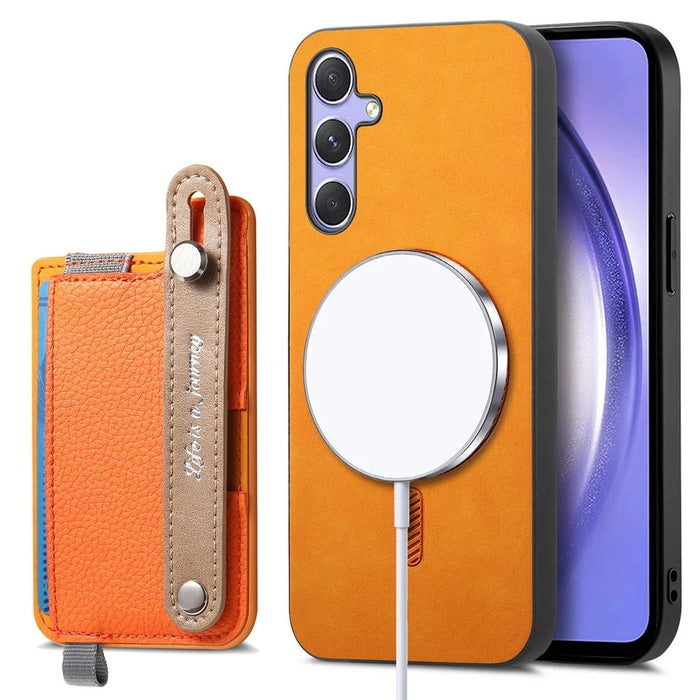 For Samsung Galaxy A36 5G Magnetic Leather Back Case with Detachable Card Holder and Wristband - Orange - 4