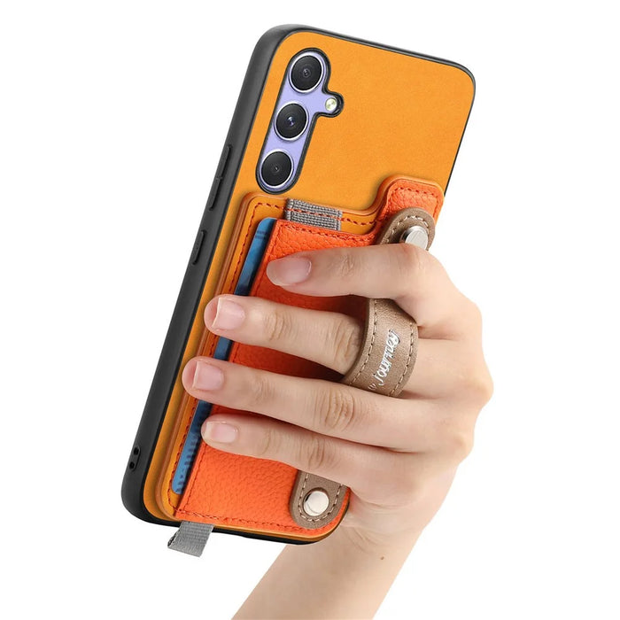 For Samsung Galaxy A36 5G Magnetic Leather Back Case with Detachable Card Holder and Wristband - Orange - 5
