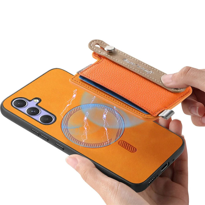 For Samsung Galaxy A36 5G Magnetic Leather Back Case with Detachable Card Holder and Wristband - Orange - 6