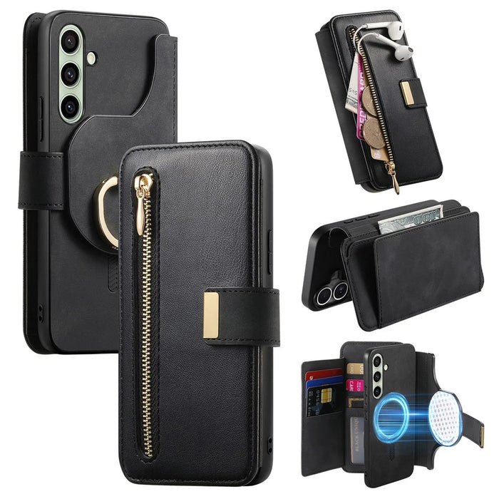For Samsung Galaxy S24 FE Magnetic Leather Case with Detachable RFID Blocking Zipper Wallet Cover - Black - 1