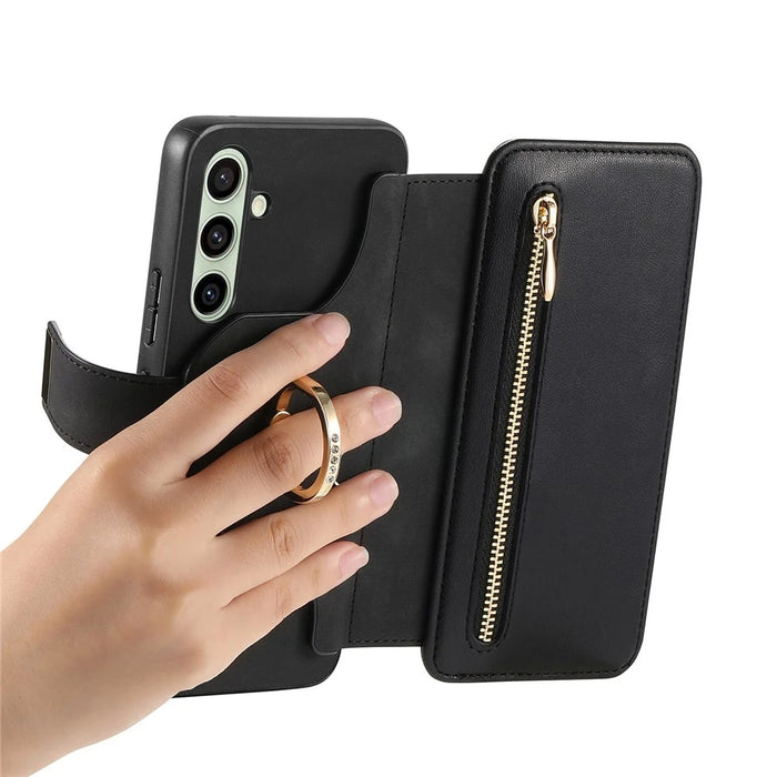 For Samsung Galaxy S24 FE Magnetic Leather Case with Detachable RFID Blocking Zipper Wallet Cover - Black - 4