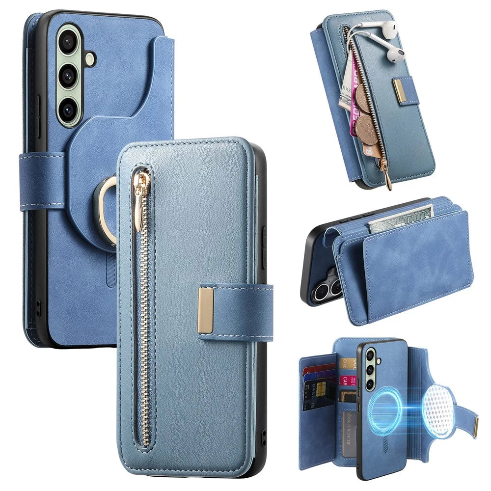 For Samsung Galaxy S24 Magnetic Leather Case with Detachable RFID Blocking Zipper Wallet Cover - Blue - 1