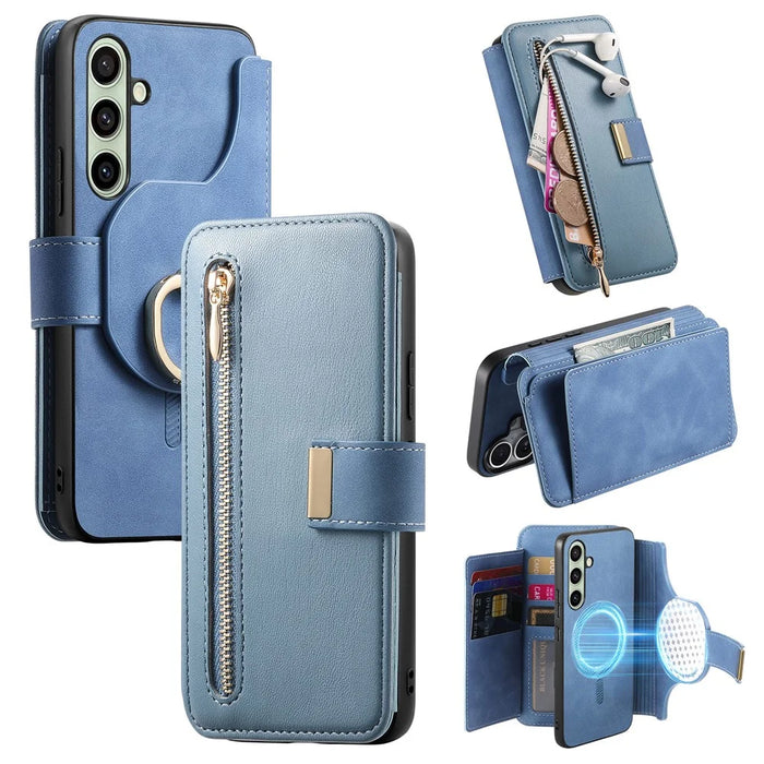 For Samsung Galaxy A26 5G Magnetic Leather Case with Detachable RFID Blocking Zipper Wallet Cover - Blue - 1