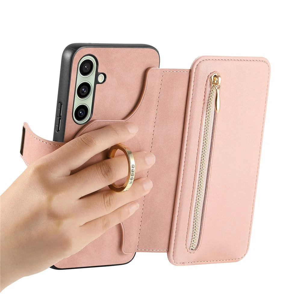 For Samsung Galaxy A36 5G Magnetic Leather Case with Detachable RFID Blocking Zipper Wallet Cover - Pink - 4