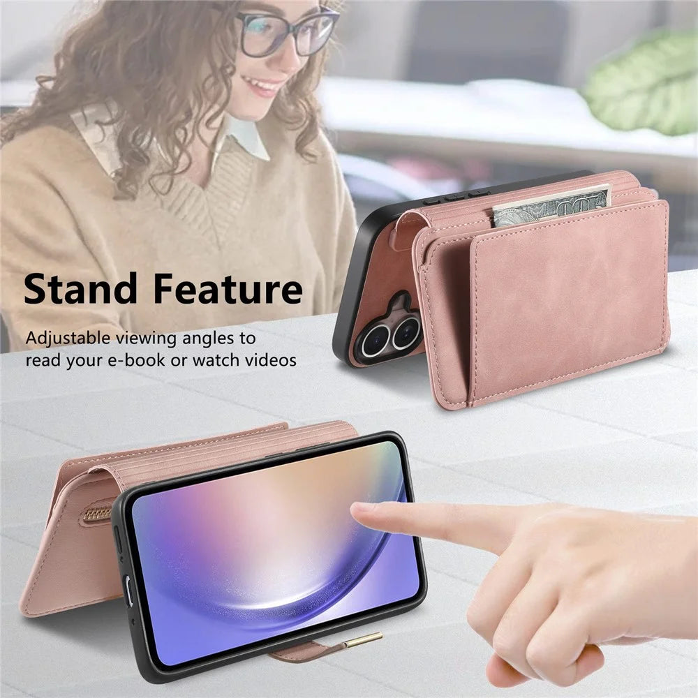 For Samsung Galaxy A36 5G Magnetic Leather Case with Detachable RFID Blocking Zipper Wallet Cover - Pink - 7
