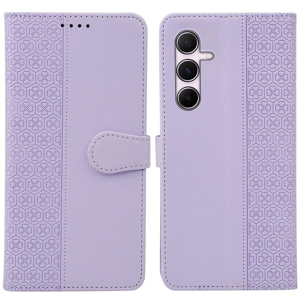 For Samsung Galaxy A06s Case Magnetic Clasp Four Leaf Clover Leather Phone Cover - Light Purple - 1