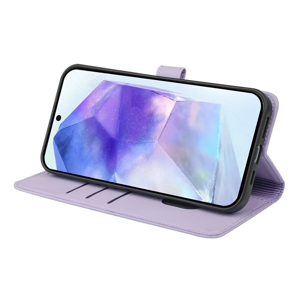For Samsung Galaxy A06s Case Magnetic Clasp Four Leaf Clover Leather Phone Cover - Light Purple - 3